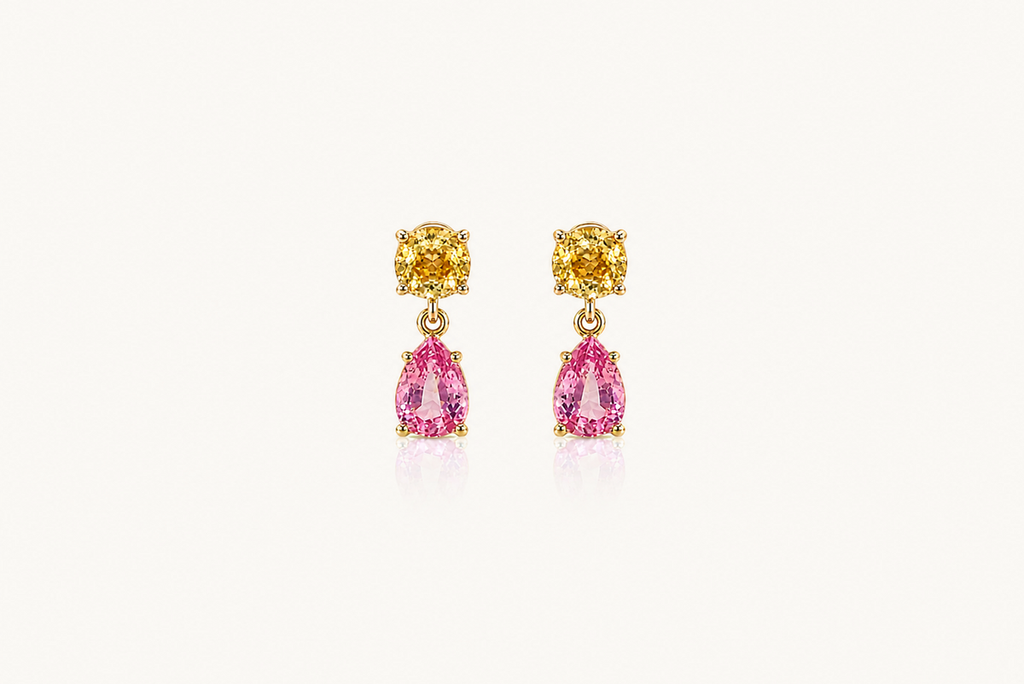 Earrings 14kt Gold Yellow and Pink Sapphires Drops