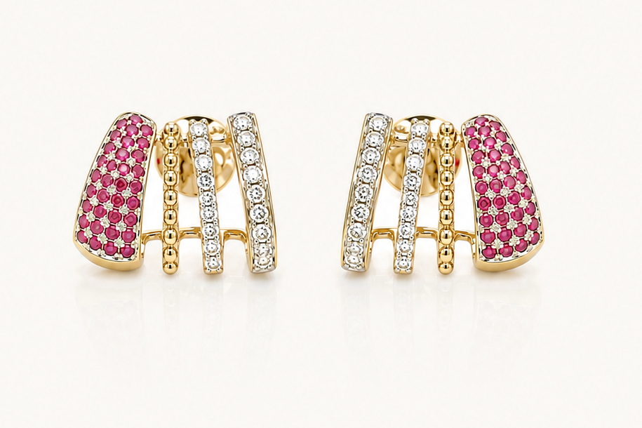 Earrings 14kt Mixed Gold Lobe Stud Diamonds and Rubies