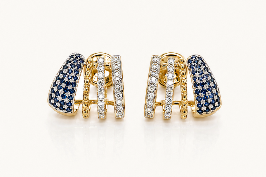 Earrings 14kt Mixed Gold Lobe Stud Diamonds and Sapphires