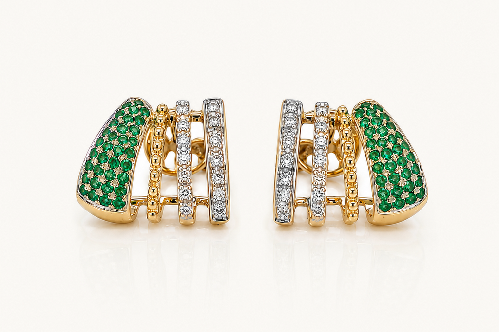 Earrings 14kt Mixed Gold Lobe Stud Diamonds and Emerlads