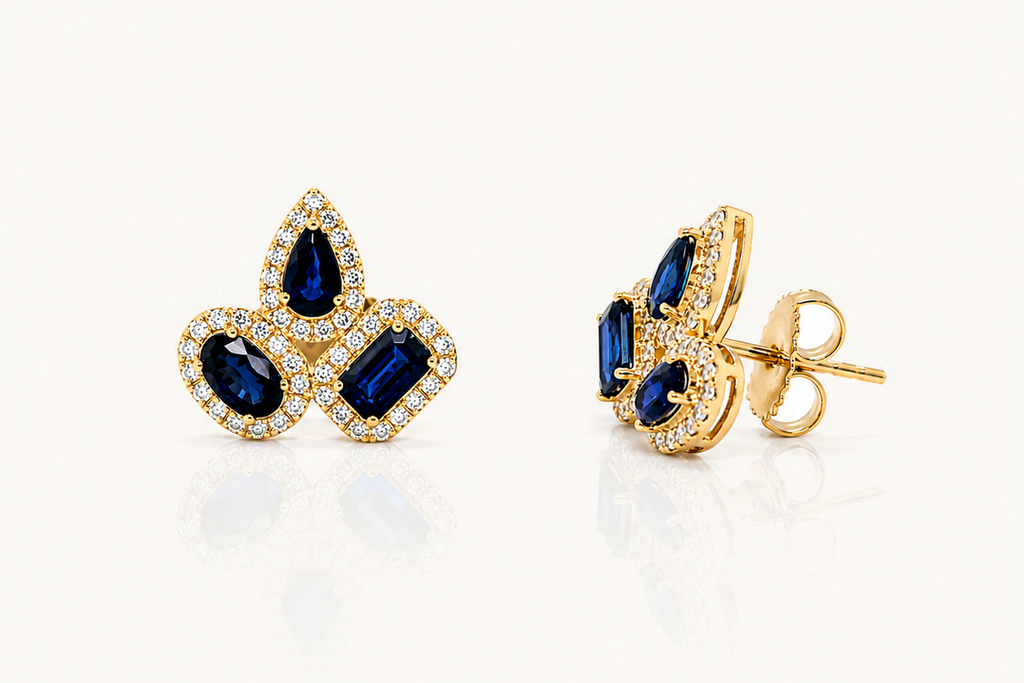 Earrings 14kt Yellow Gold Mixed Cut Sapphires & Diamonds