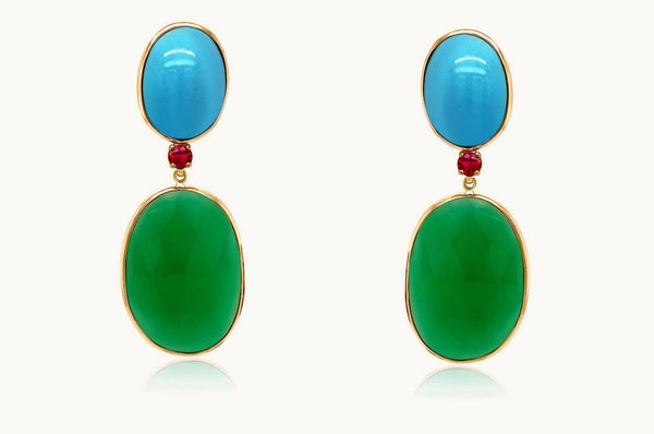 Earrings 14kt Gold Turquoise, Ruby & Green Agate