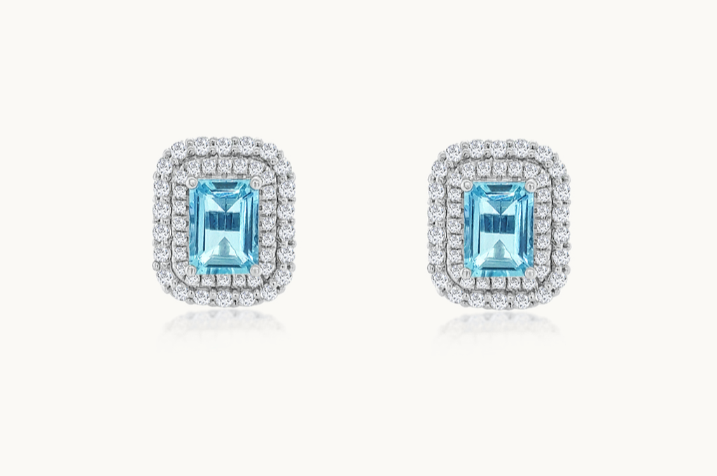 Earrings 18kt Aquamarines & Double Halo of Diamonds