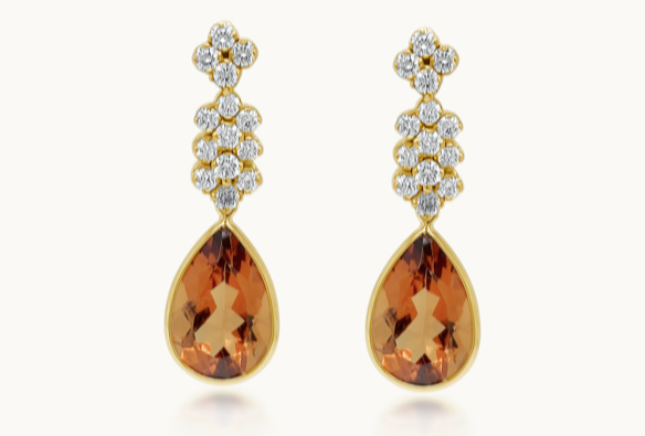 Earrings 18kt Glamorous Vintage Studs with Diamonds and Citrine