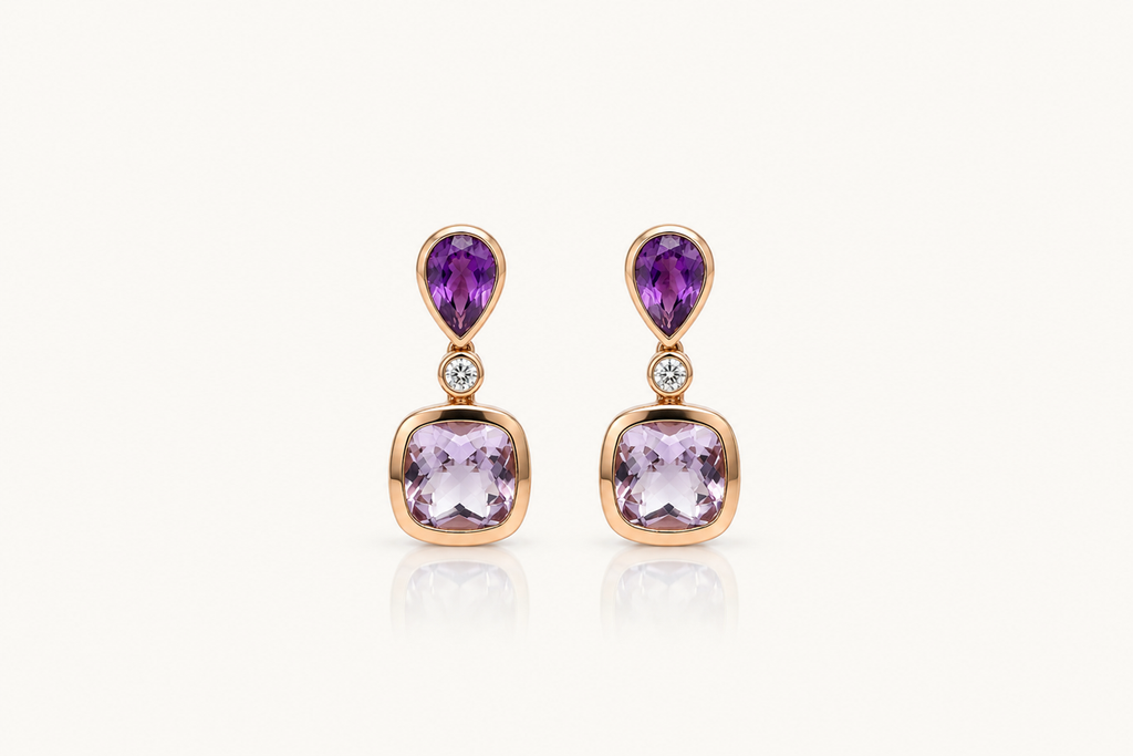 Earrings 18kt Gold Amethyst and Diamonds Drops