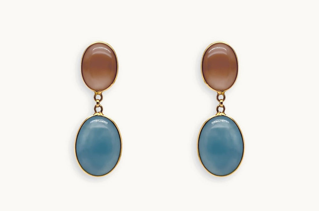 Earrings 18kt Gold Aquamarine & Moonstone Ovals