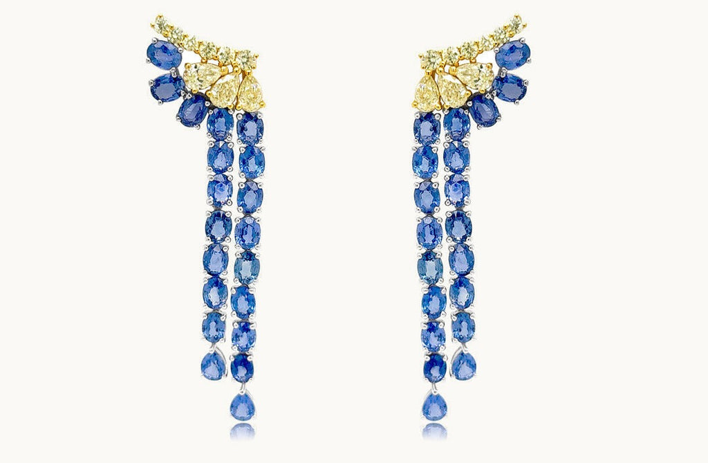 Earrings 18kt Gold Blue Sapphires Two Line Drops and Diamonds