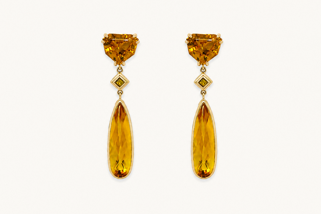 14K Yellow Gold Natural Citrine & Yellow Sapphire Drop Dangle Earrings