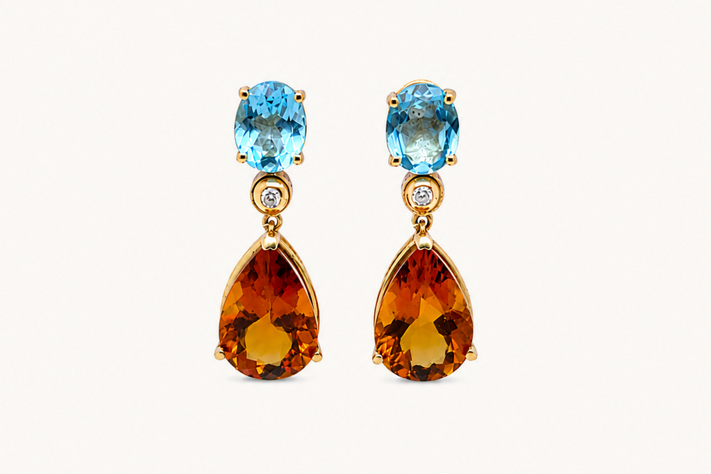 Earrings 18kt Gold Blue Topaz, Diamonds & Citrine Drops
