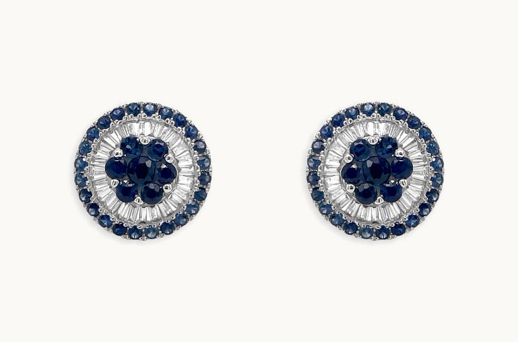 Earrings 18kt White Gold Center-Border Blue Sapphires & Diamonds Pizza