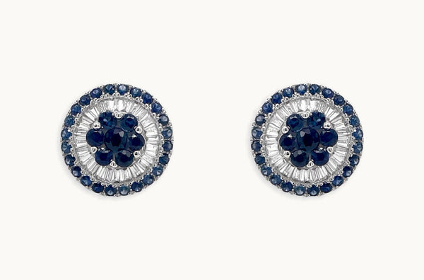 Earrings 18kt White Gold Center-Border Blue Sapphires & Diamonds Pizza