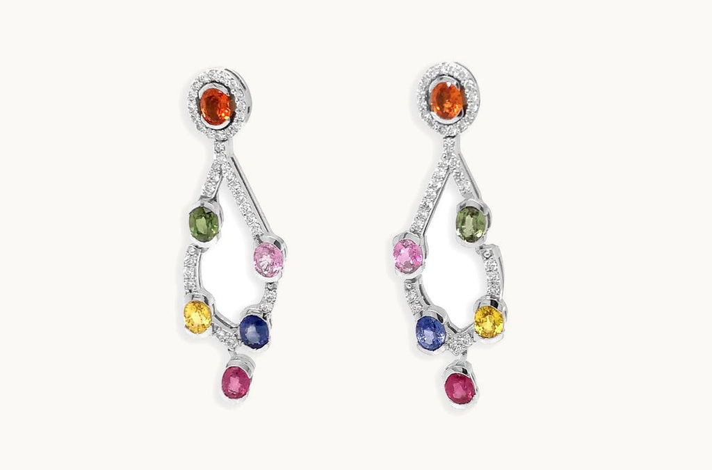Earrings 18kt Gold Chandelier with Multicolor Sapphires & Diamonds