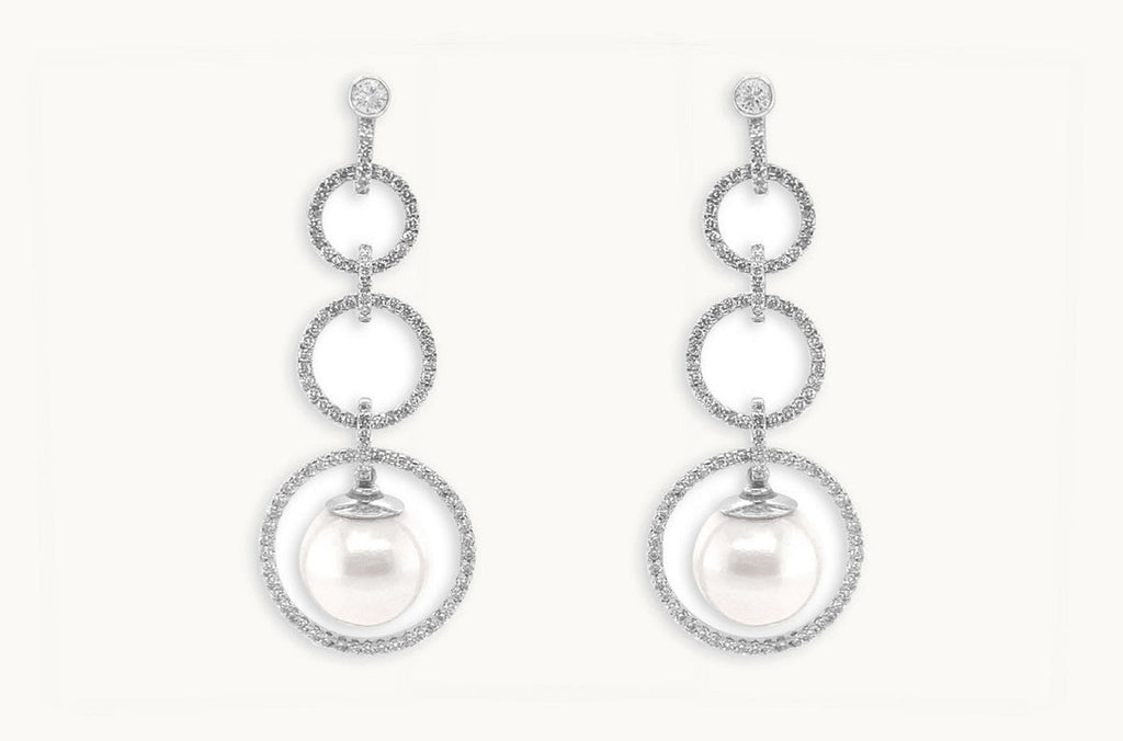 Earrings 18kt Gold Circle Drop with Pearls & Diamonds