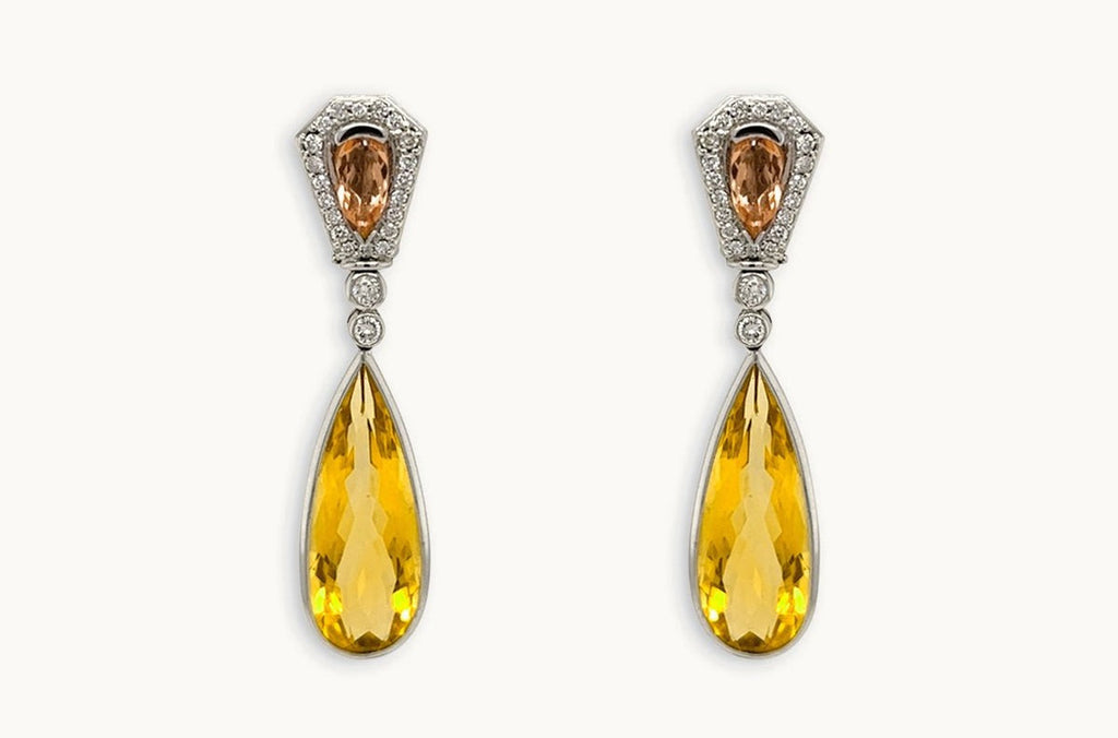 Earrings 18kt Gold Citrines Drop with Precious Topaz & Diamonds