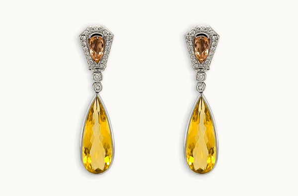 Earrings 18kt Gold Citrines Drop with Precious Topaz & Diamonds