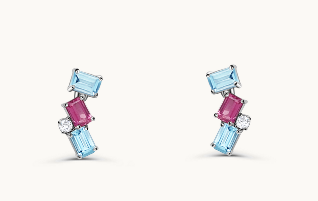 Earrings 18kt Gold Climbers Aquamarine, Tourmaline & Diamonds