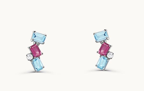 Earrings 18kt Gold Climbers Aquamarine, Tourmaline & Diamonds