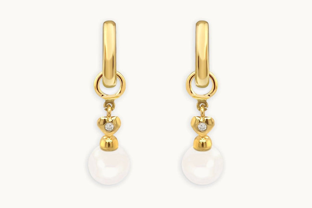 Earrings 18kt Gold Detachable Pearls & Hearts with Diamonds Drop