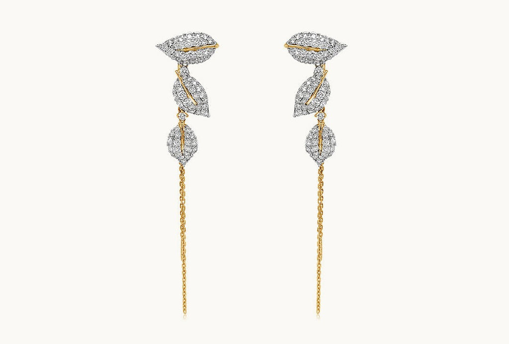 Earrings 18kt Gold Leaf Shape Diamonds and Long Chain