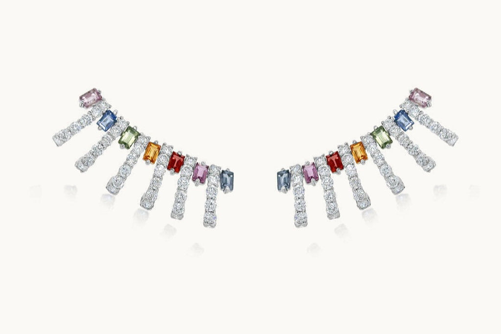 Earrings 18kt Gold Emerald Cut Multicolor Sapphires & Round Diamonds Lobe Studs