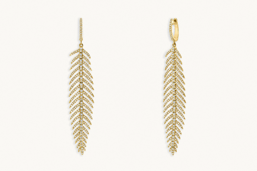 Earrings 18kt Gold Feather Drops & Diamonds