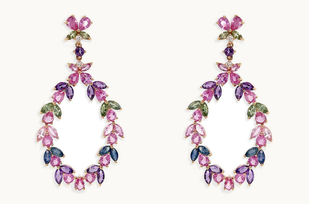 Earrings 18kt Gold Floral Sapphires Amethyst & Diamonds Drop