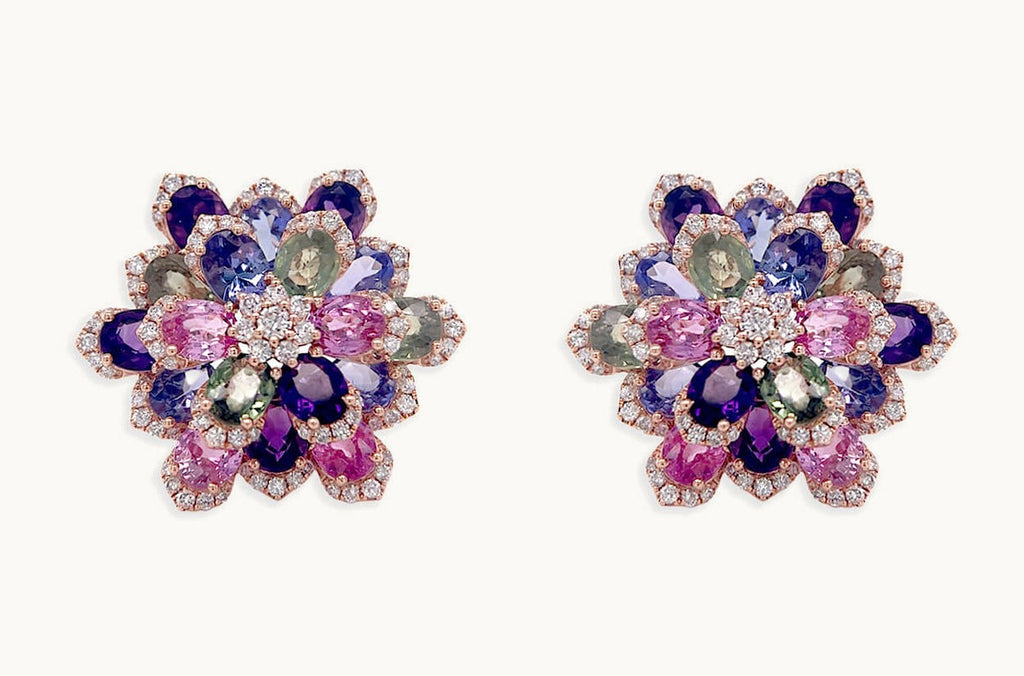 Earrings 18kt Gold Flowers Multicolor Gemstones & Diamonds