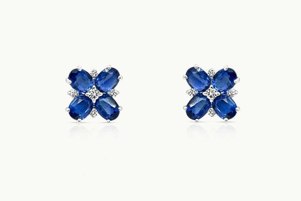 Earrings 18kt Gold Flowers Oval Kenite & Diamonds Studs