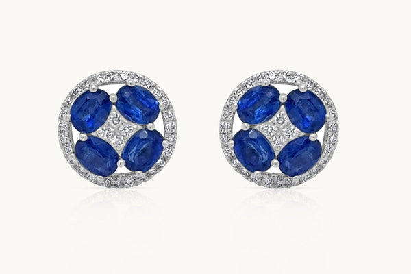 Earrings 18kt Gold Flowers Oval Kenite & Diamonds Studs