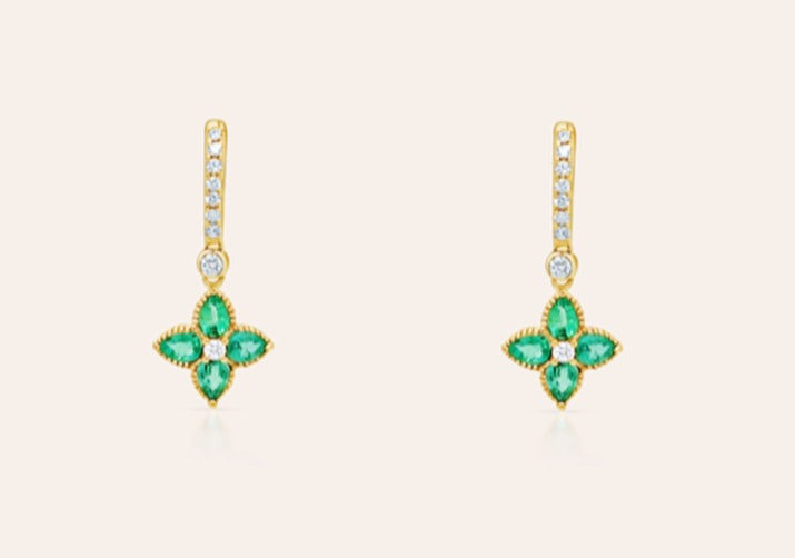 Earrings 18kt Gold Huggies, Emeralds & Diamonds