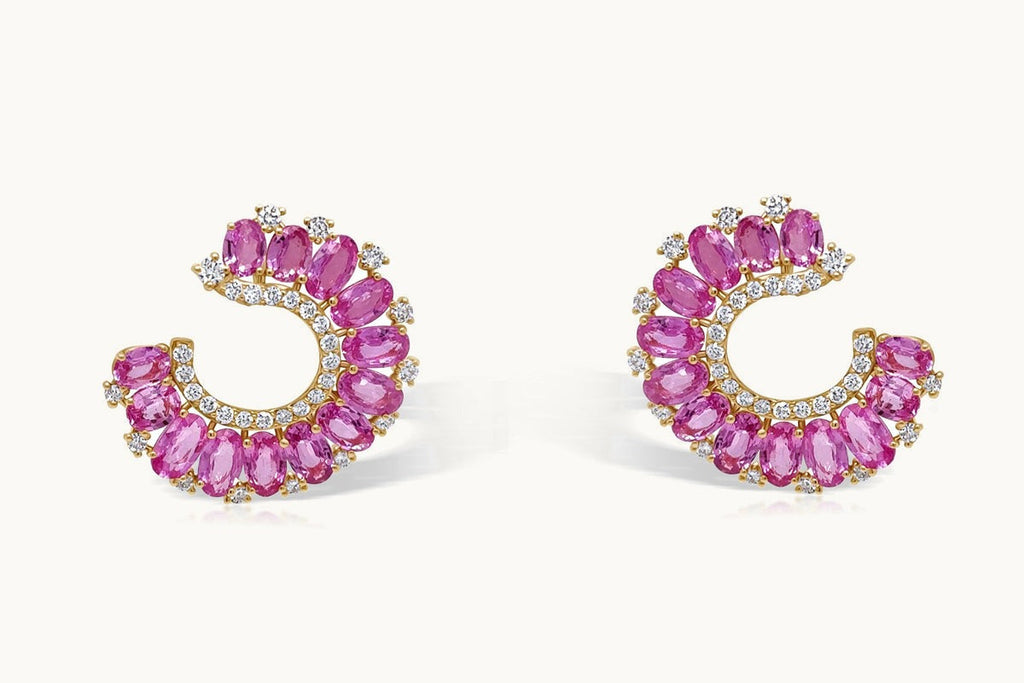 Earrings 18kt Gold C-Shaped Pink Sapphire & Diamonds
