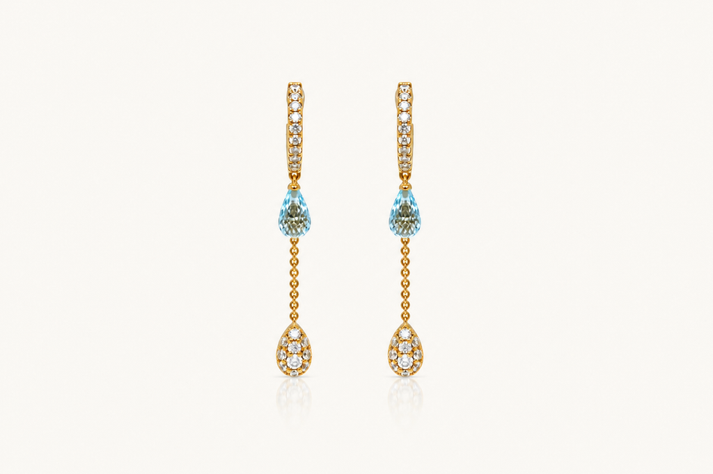 Earrings 18kt Gold Mini Hoops with Blue Topaz and Diamonds Drops