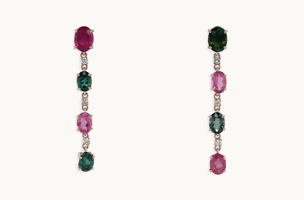 Earrings 18kt Gold Multicolor Oval Tourmaline & Diamonds Drops