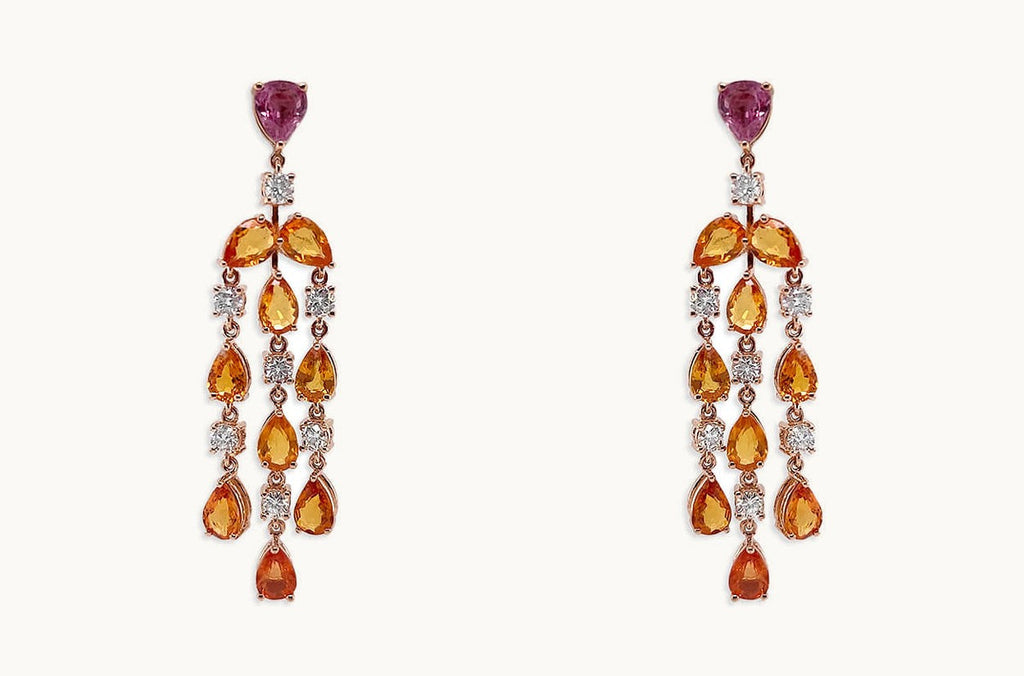 Earrings 18kt Gold Orange Pear Sapphires & Diamonds Chandelier