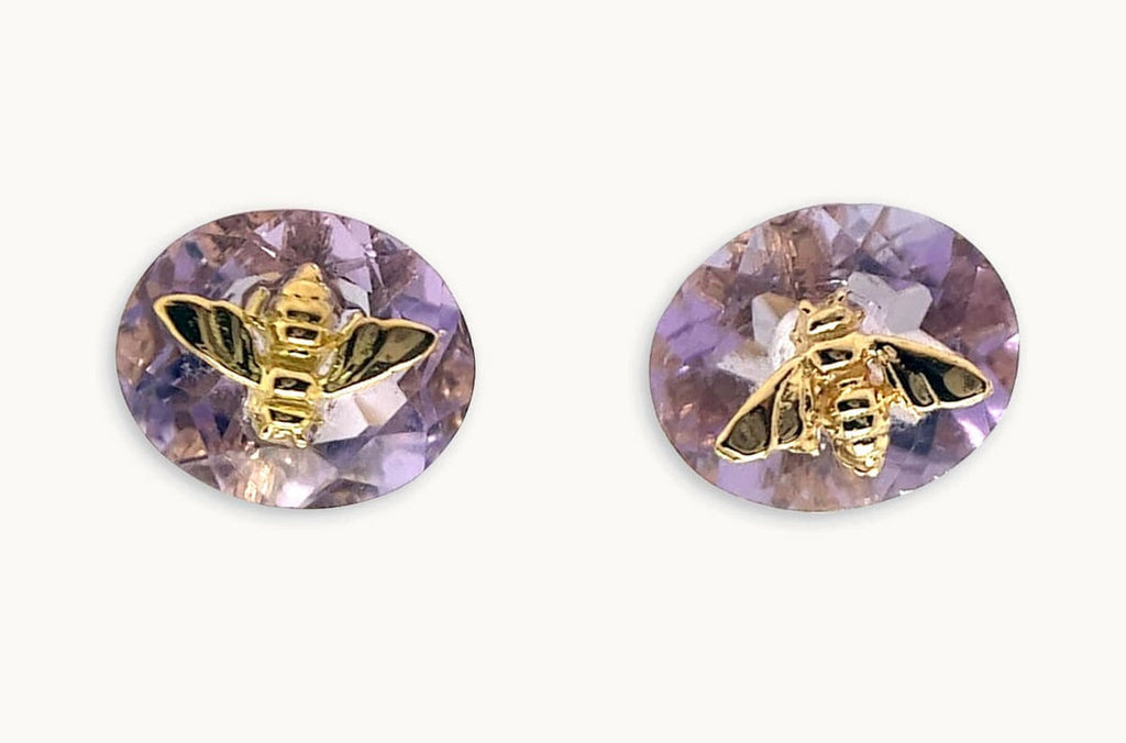 Earrings 18kt Gold Oval Amethyst & Bug Studs