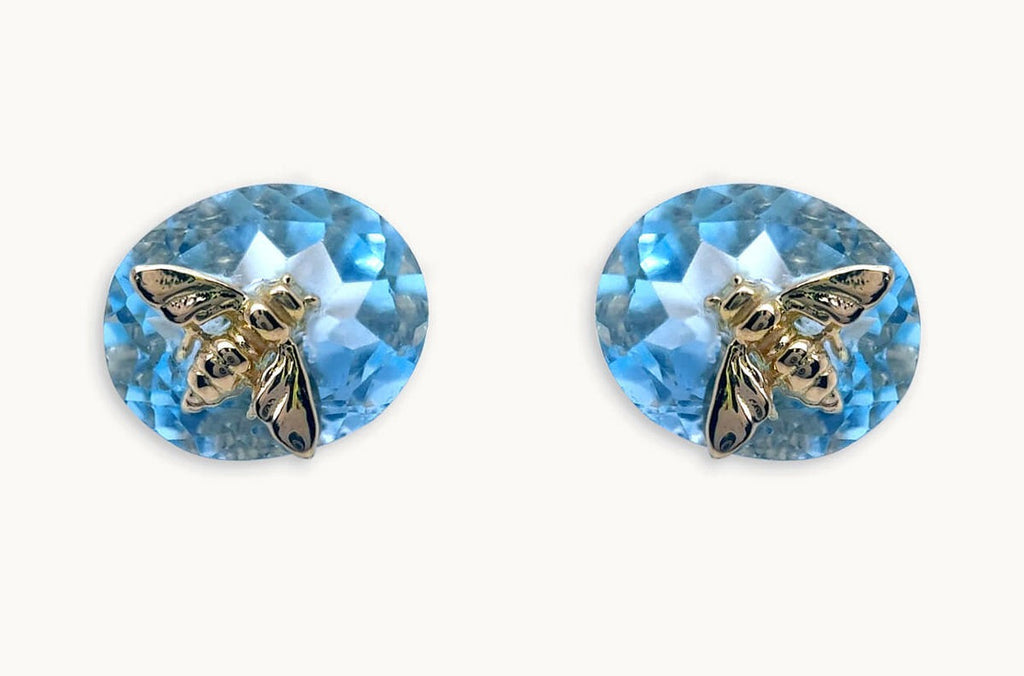 Earrings 18kt Gold Oval Blue Topaz & Bug Studs