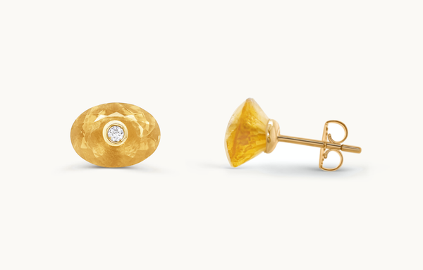 Earrings 18kt Gold Oval Citrine Studs with Diamonds