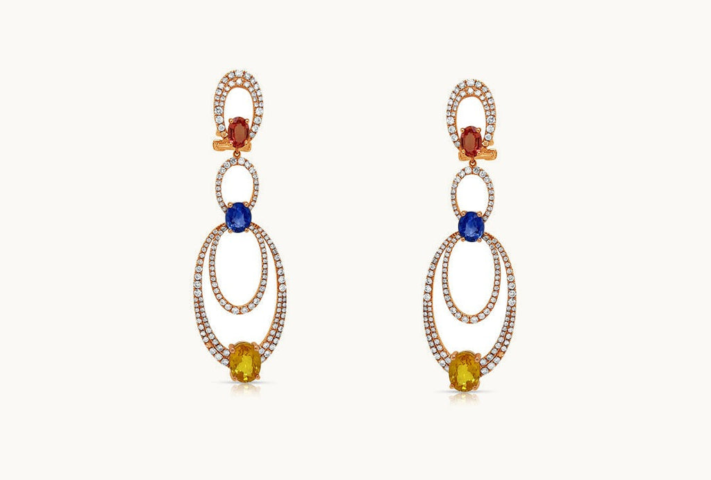 Earrings 18Kt Rose Gold Oval Drop with Multicolor Sapphires and Diamonds