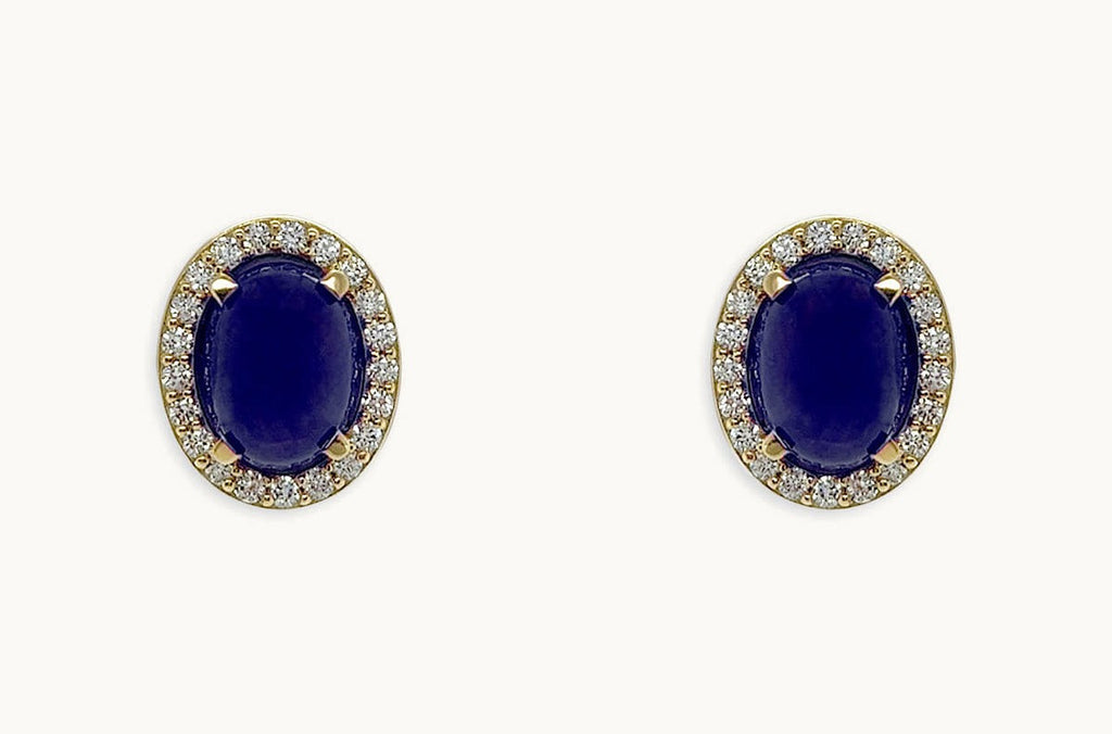 Earrings 18kt Gold Oval Sapphire Cabochons & Diamonds Studs