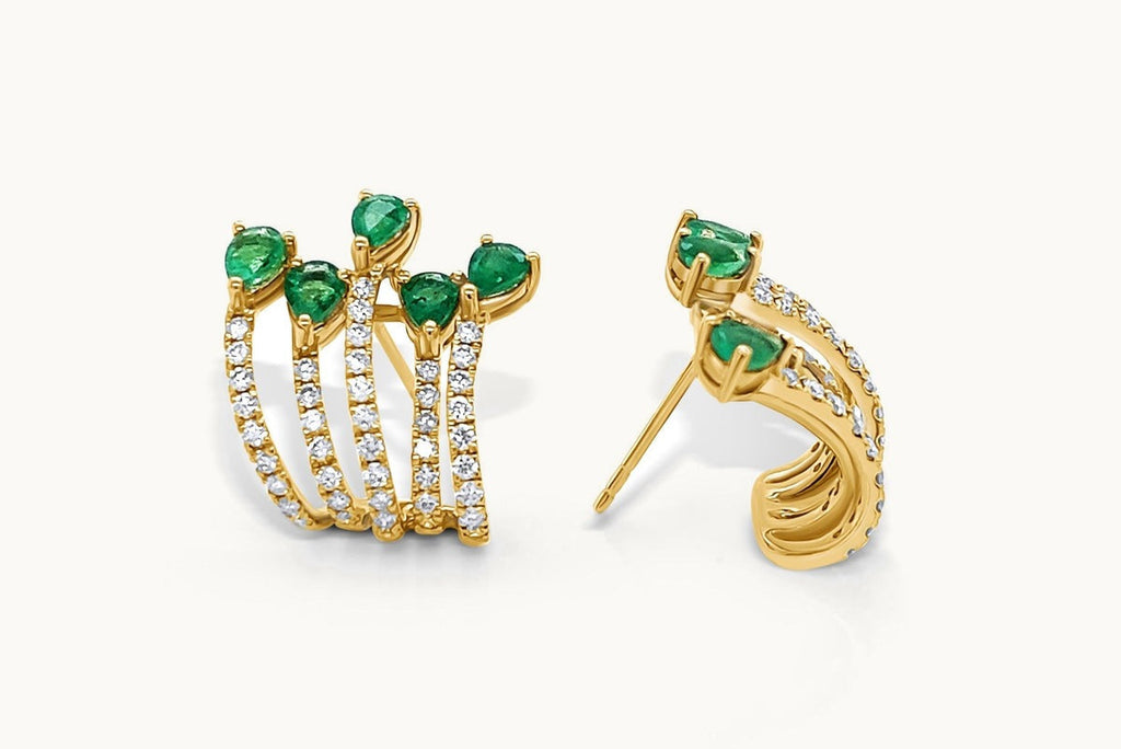 Earrings 18kt Gold Pear Emeralds & Round Diamonds Lobe Studs