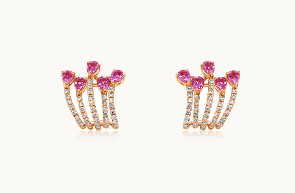 Earrings 18kt Gold Pear Pink Sapphires & Round Diamonds Lobe Studs