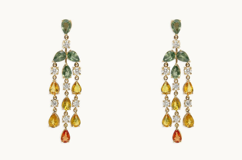 Earrings 18kt Gold Pear Sapphires & Diamonds Chandelier