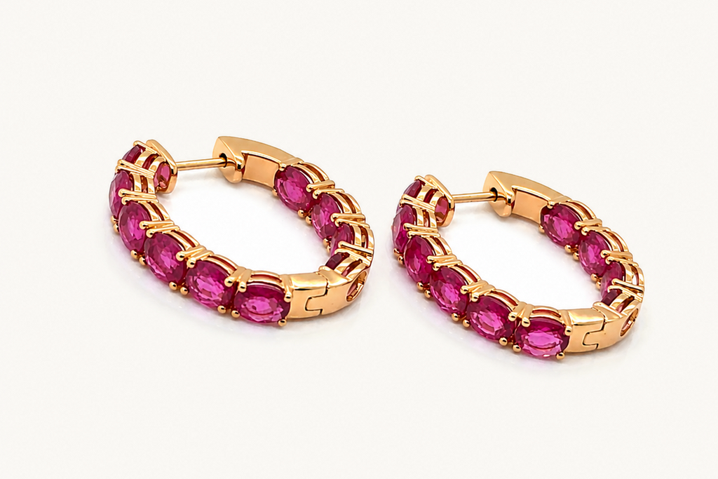 Earrings 18kt Gold Pink Oval Sapphires Hoops
