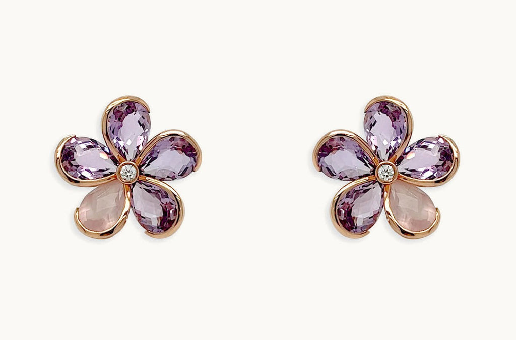 Earrings 18kt Gold Quartz & Amethysts Flowers