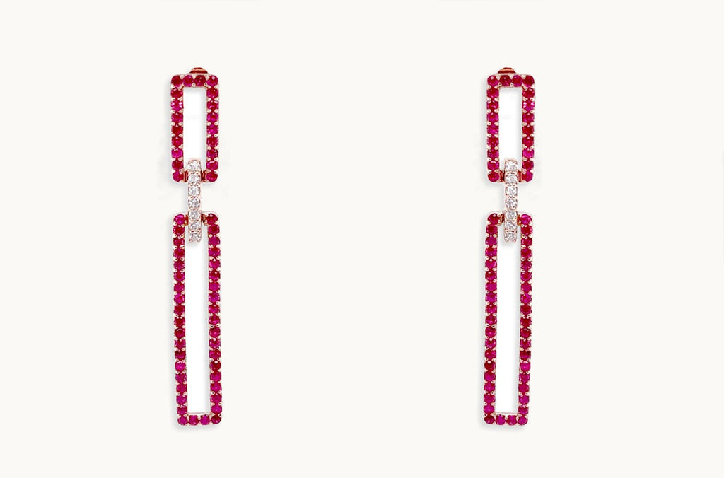 Earrings 18kt Gold Rectangular Rubies & Diamonds Drops