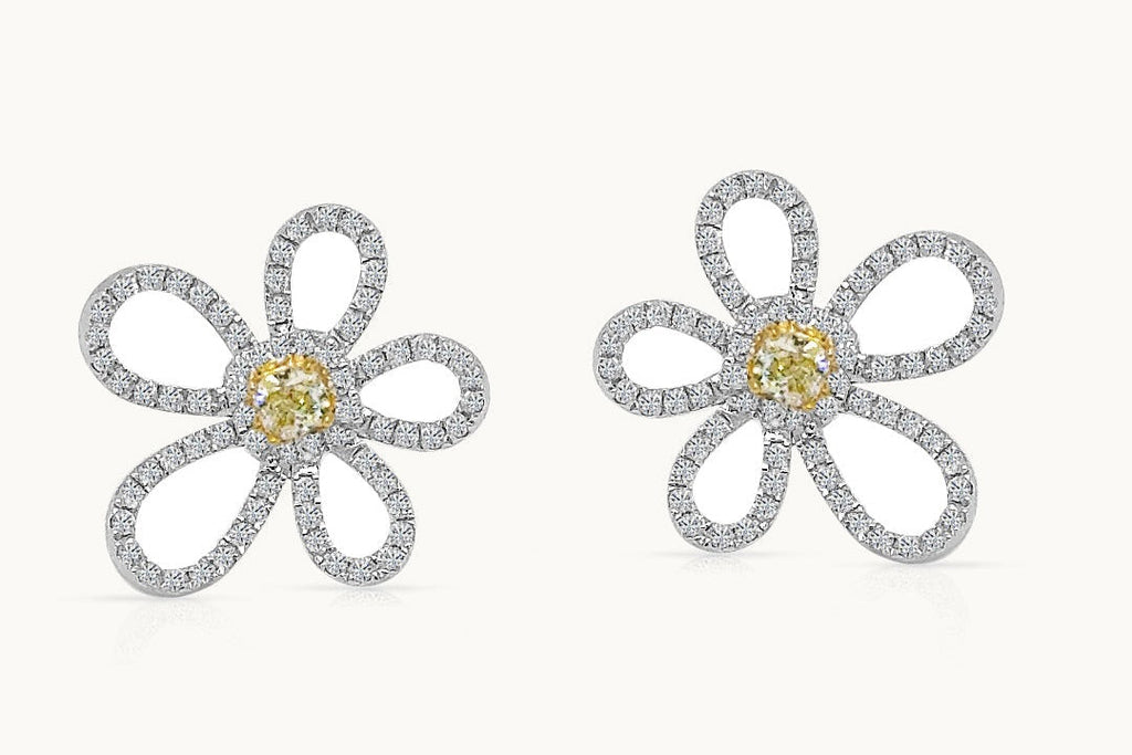 Earrings 18kt Gold Round and Fancy Yellow Diamonds Flowers