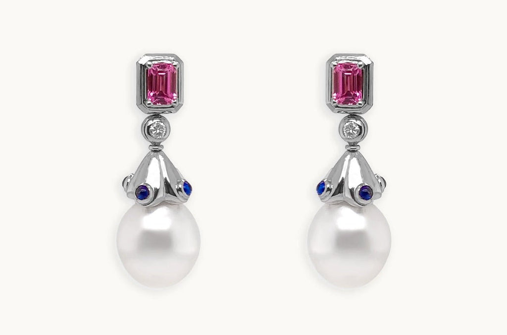 Earrings 18kt Gold South Sea Pears Sapphires & Diamonds
