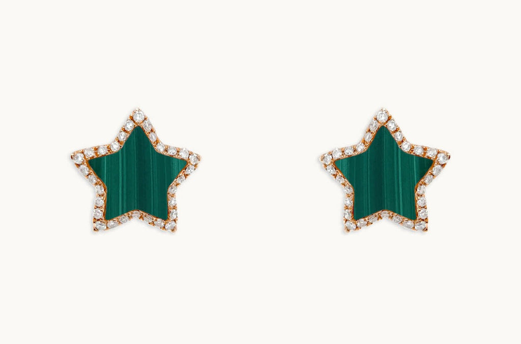 Earrings 18kt Gold Stars Malachite & Diamonds Halo Studs