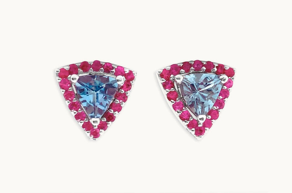 Earrings 18kt Gold Trillion Aquamarines & Pink Sapphires