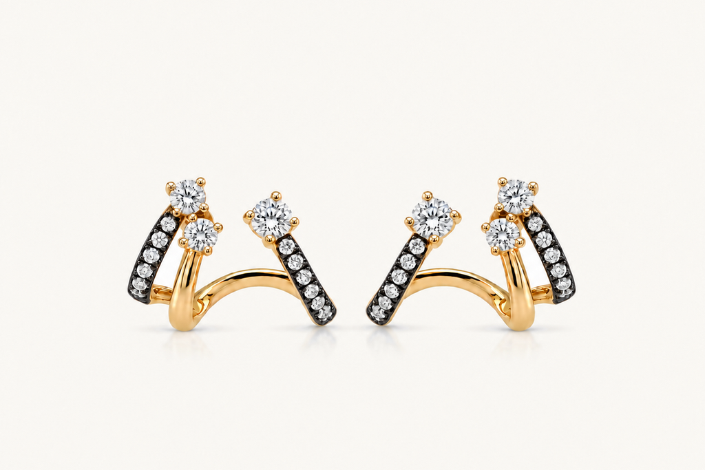 Earrings 18kt Gold Triple Lobe Studs Double Band Black Rhodium Diamonds